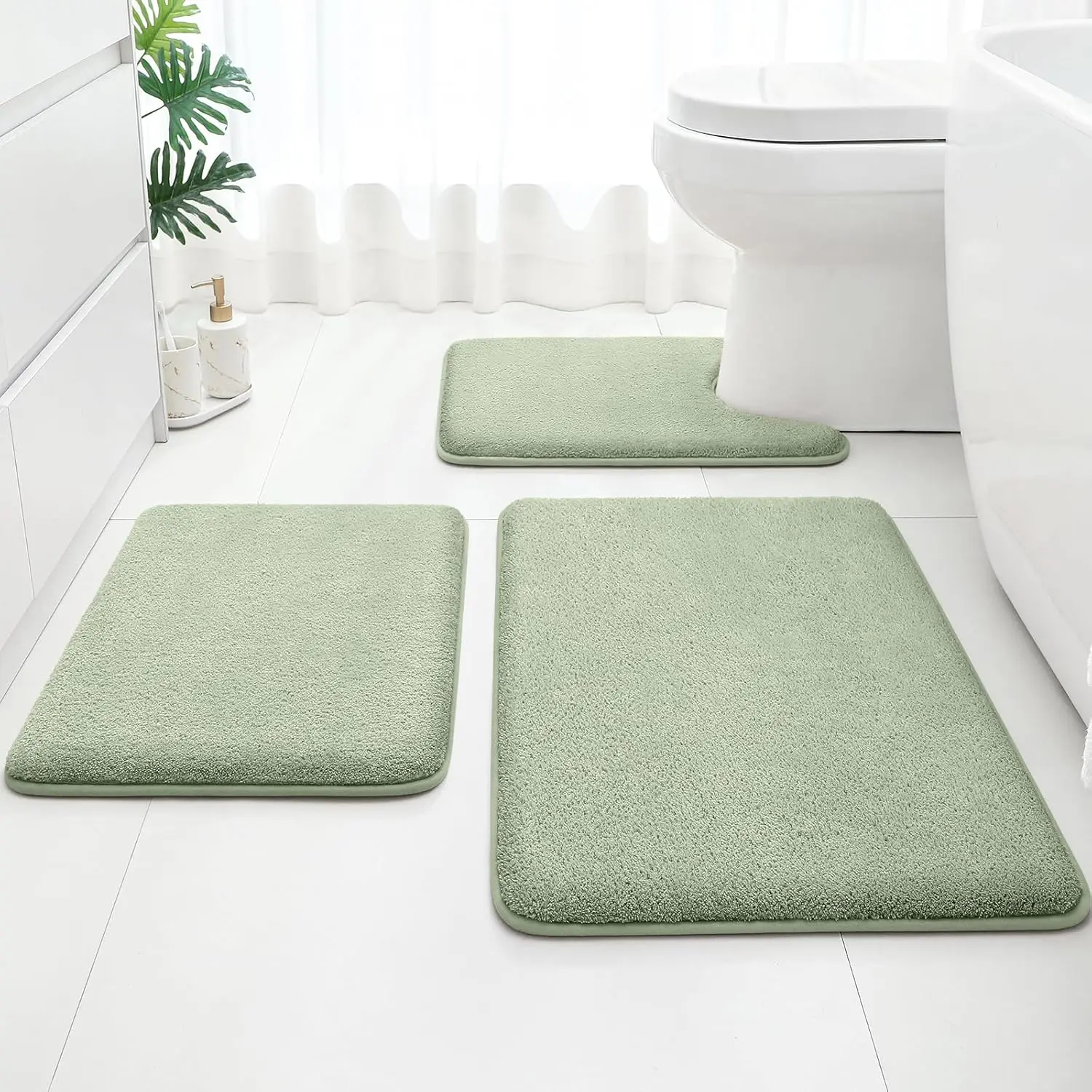 3-Piece Thickened Cozy Bath Mat Set, Sage Green Multi-Size Bathroom Mats - 17"x24", 20"x32", 20"x24" U-Shaped, Durable, Ultra-Absorbent, Soft Memory Foam, Machine Washable, Washable Refresh Home Bathroom Supplies, Three Pieces