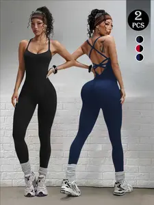Summer Women's Solid Color Shapewear Jumpsuit, Backless Seamless Yoga Suit, Sleeveless Tightening Butt Lifting Quick-Dry Knit Jumpsuit, Yoga Workout Jumpsuits, Stretch Jumpsuit