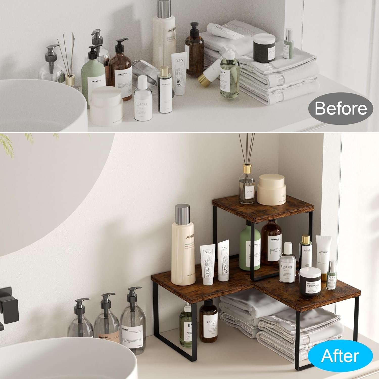 Golener Countertop Organizer Corner Shelf, 2 Tier Adjustable Stackable Corner Shelves for Kitchen, Bathroom, Spice Rack, Coffee Area, Cabinet, Dresser Table, Corner Counter Shelf Stand, Rustic Brown