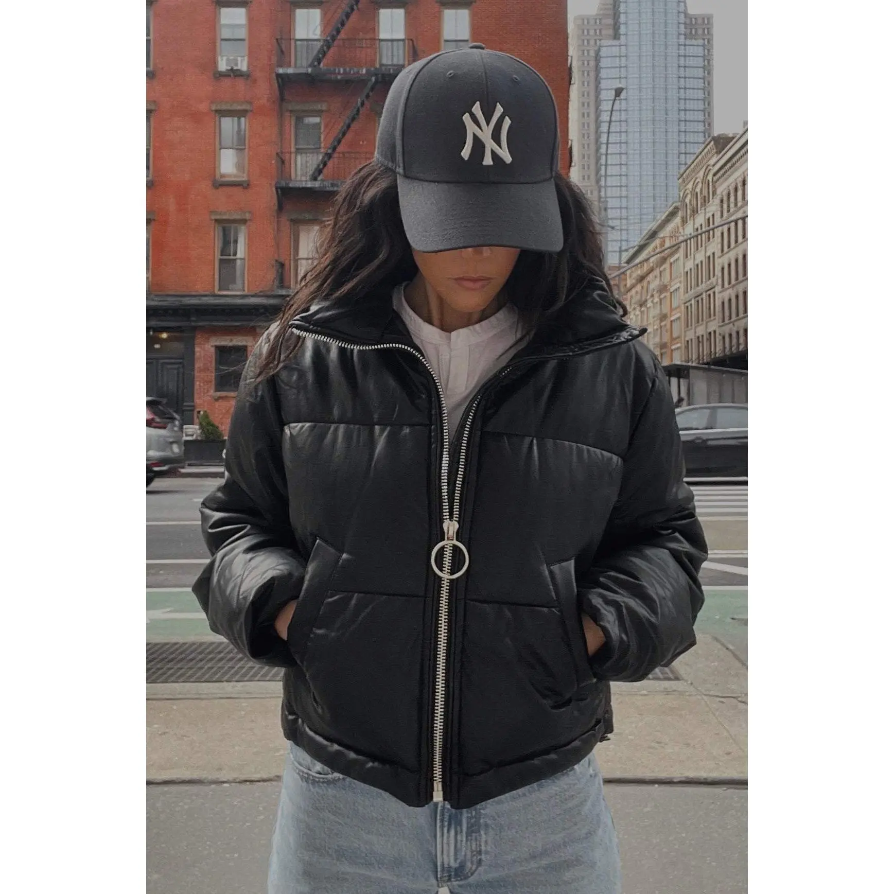 Gramercy Park Faux Leather Puffer Jacket (Black)
