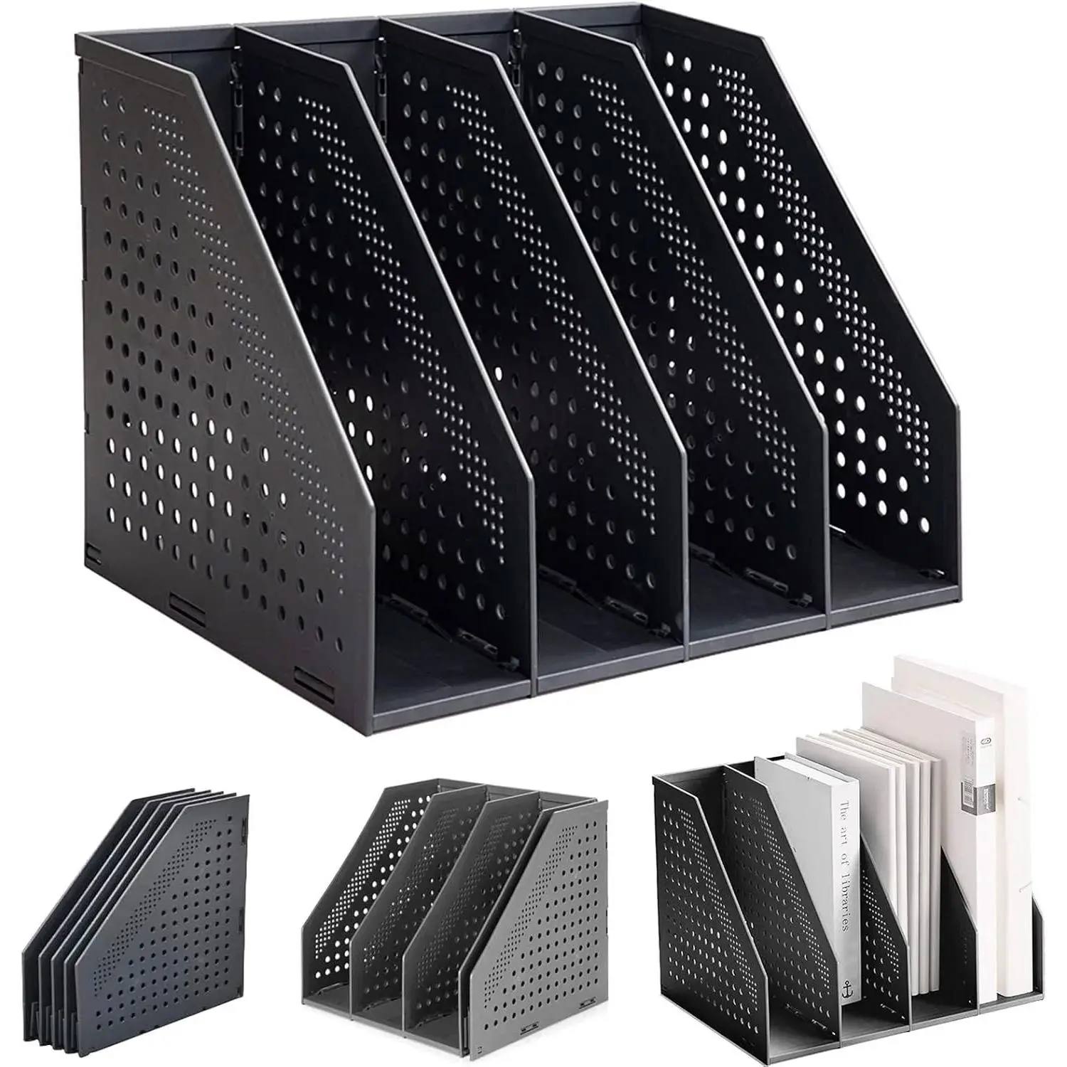 Collapsible Magazine Holder with 4 Vertical Compartments, No-Assemble Office Filing Organizer for Friends, Family, Colleagues, Customers, A4 Plus Paper – Space-Saving Rack for Home, Kitchen, Desk (Black)