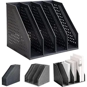 Magazine Holder 4 Vertical Compartments Collapsible Magazine File Holder Space Saving Rack Home Kitchen Desk Organizer No Need Assemble (Black)