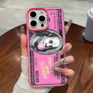 1pc Pink Money Quote Pattern Silver Laser IMD Mobile Phone Case for All Apple Models including 11 12 13 14 15 16 Pro Plus Pro Max 16e Cellphone Protective Protection Smartphone  christmas phone cases