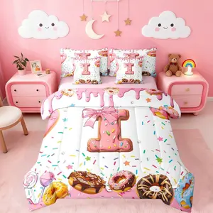 Personalized I Initial Letter Comforter Set with Sheets for Girls Cute Bow Princess Bowknot Kids Bedding,Monogrammed Alphabet D Bed in A Bag 7Pcs Donuts Pink Room Decor