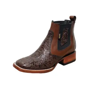 A&A MENS BOOTS, ESTILO CHEO, BOTIN CINCELADO PARA CABALLERO, SUELA DE CUERO, COLOR CAFE.