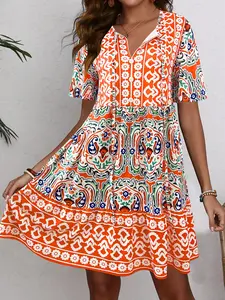 Plus Size Bohemian Retro Print A-Line Dress, V Neck Tie Waist Curvy Casual Vacation Mini Dress