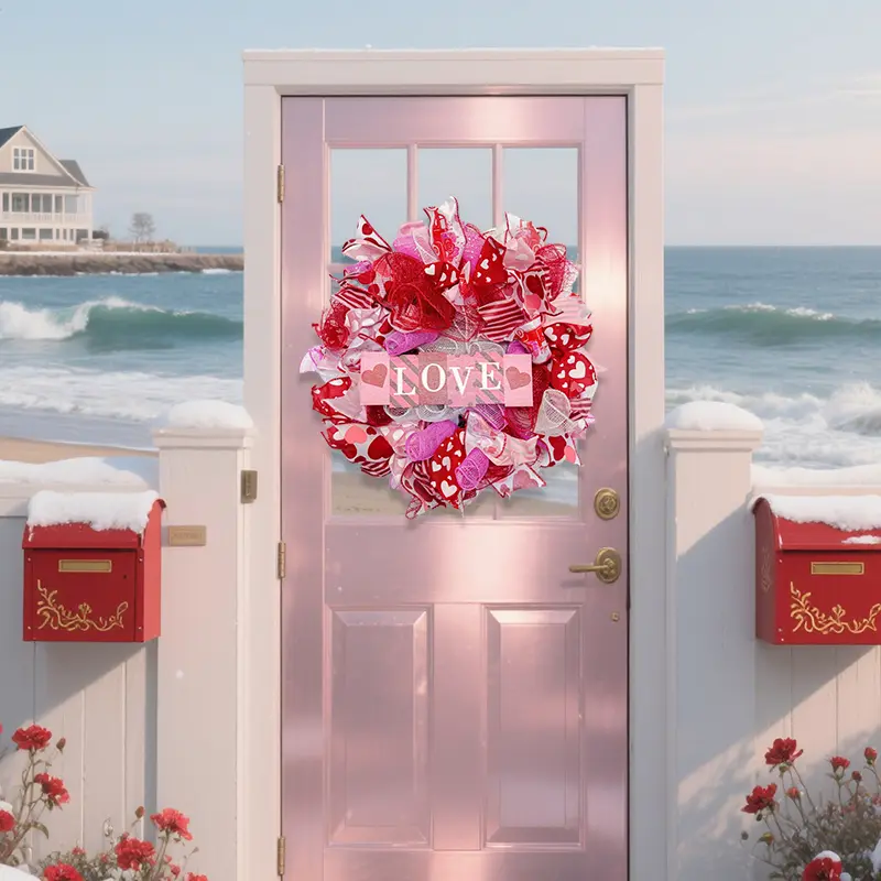 ZMOCEN-17 Inch Valentines Day Mesh Wreath, Valentines Wreaths for Front Door with Love Wooden Sign Fishnet Yarn, Valentines Day Wedding Decorations for Indoor and Outdoor