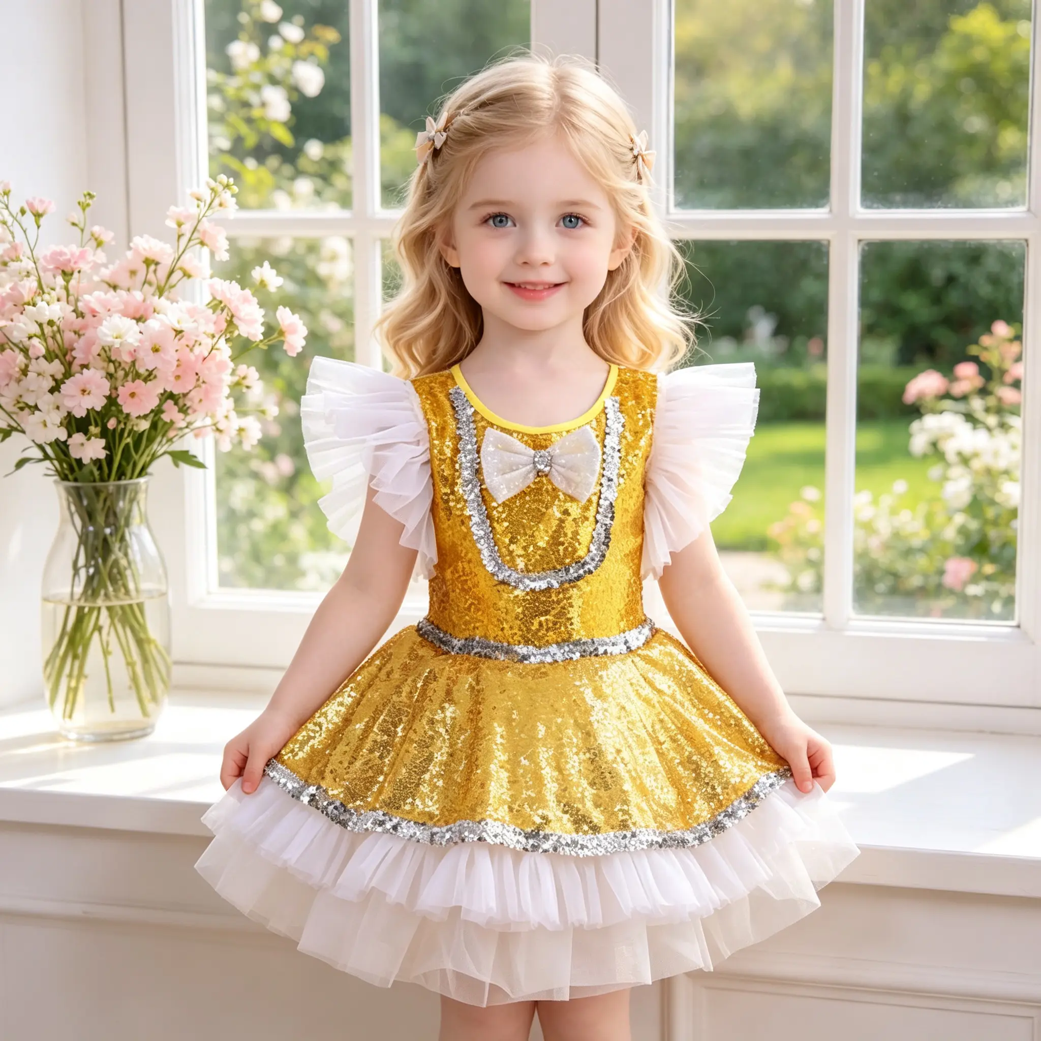 Girls Gold Sequin Ballet Tutu Leotard Dress, White Flutter Sleeve Bow Decor Ballerina Costume, Silver Trim Layered Tulle Skirt for Stage Performance Birthday Party