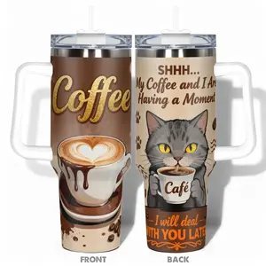 1pc 40oz/30oz/22oz/20oz/14ozCup Stainless Steel Tumbler Coffee Thermos With Coffee Cat Design, Leakproof Large Capacity, Needed for Gym, Hiking, Travel Ideal Birthday Christmas Gift Perfect Gift