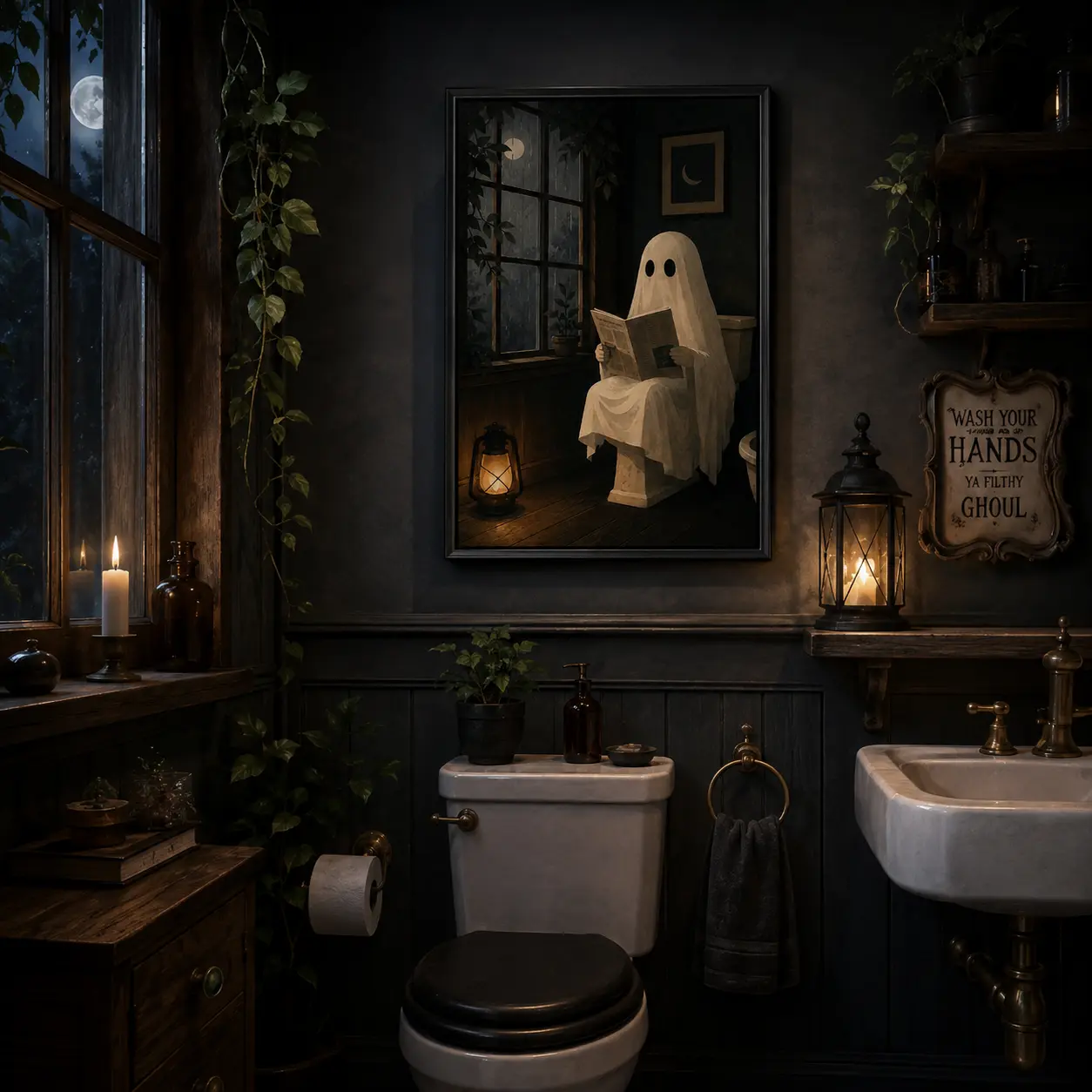 Funny Ghost Reading Newspaper On Toilet Canvas Wall Art, Quirky Spooky Bathroom Ghost Painting, Humorous Halloween Restroom Decor Poster