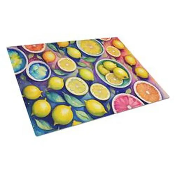 Unisex Rectangle Tempered Glass Chopping Board - 15 x 12 in. Large Size, Printed Colorful Lemon Artistic Print, Non-Slip Adult Kitchen Cutting Board