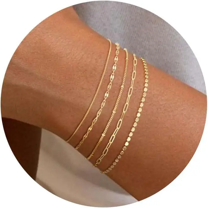 Female 14K Gold-Plated Stackable Bracelet Set - Dainty Waterproof CZ Tennis, Heart, Dot, Paperclip, Box Chain, Satellite Bracelets - Adjustable 6.5in Modern Minimalist Cute Jewelry for Wedding, Easter