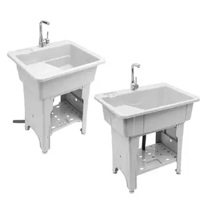 Gray Utility Laundry Sink with Washboard 200kg Capacity Freestanding Cleaning Tub for Bathroom Garage Garden Pet Bath Installation Modern Style Rectangular Shape PP Alloy Stainless Steel Material Instructions Water Leakage Device Foot Height