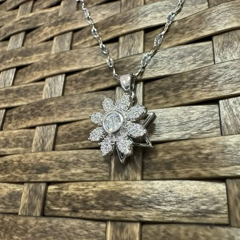AlexisLeaCollection Silver Spinning Avens Bloom Necklace with Cubic Zirconia – Anxiety Relief Jewelry, Fidget Necklace for Anxiety Relief Jewelry