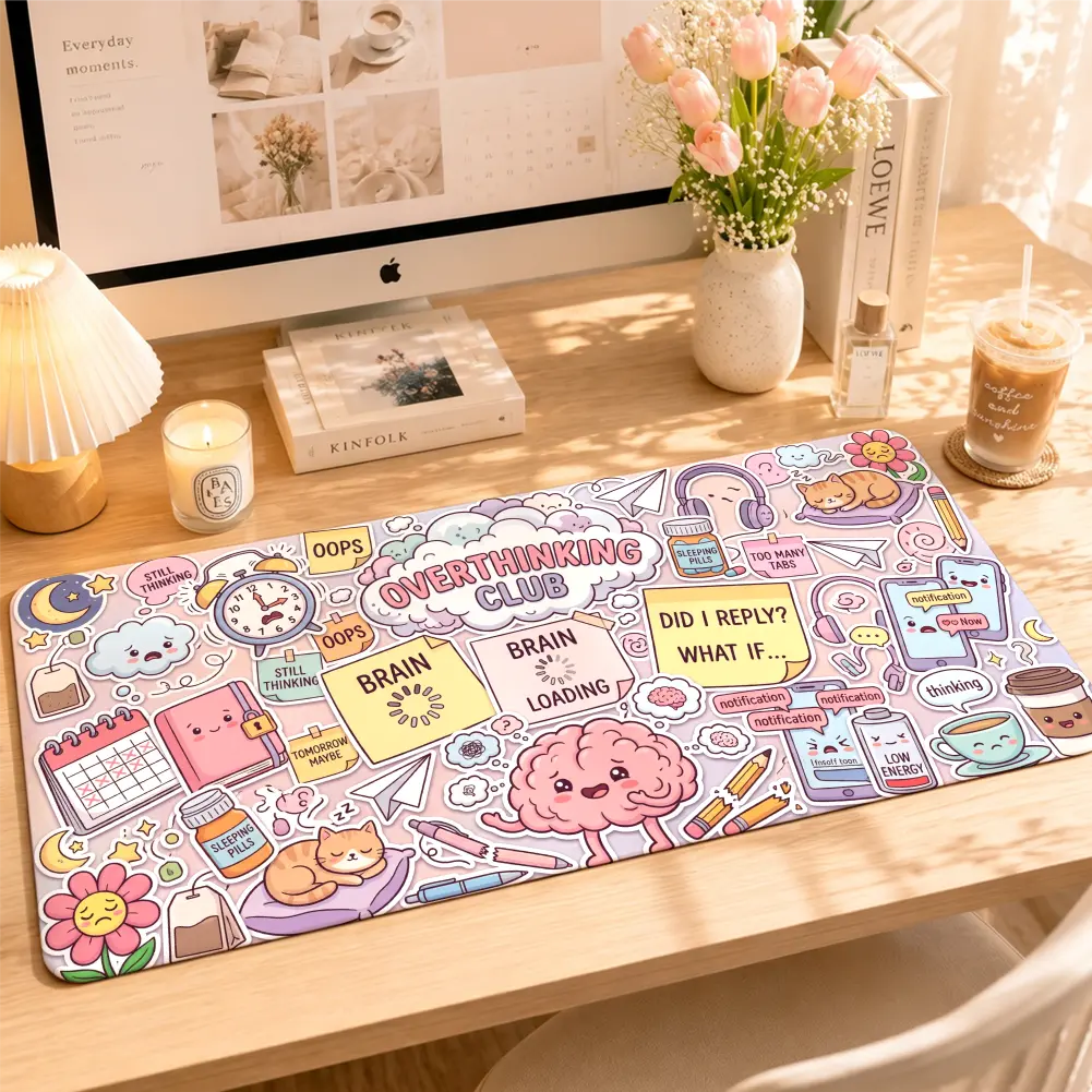 Overthinking Club Mouse Pad, Cute Anxiety Aesthetic Desk Mat for Women, Brain Chaos Relatable XXL Gaming Mouse Pad, Non-Slip Keyboard Pad