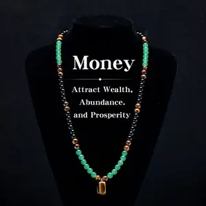 Money Attraction Necklace with Green Aventurine & Tiger Eye Pendant, Healing Crystal Stone, Anniversary, Vacation & Theme Party Jewelry, Abundance Crystal Bracelet, Long Chain, Sweater Chain, Ideal Gift Jewelry for Men and Women