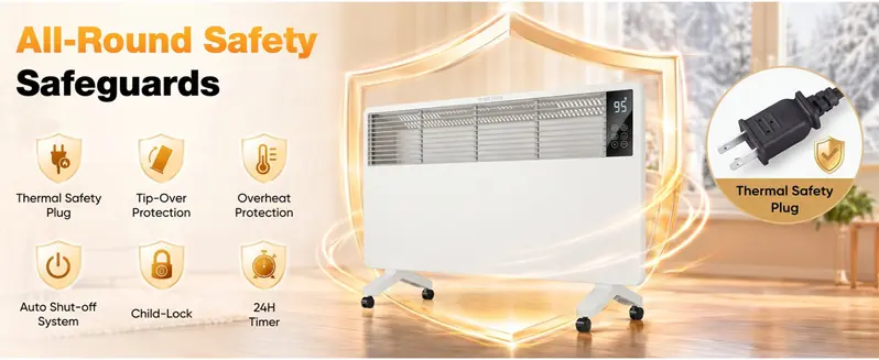 1500W Fan-Free Convection Space Heater with Thermostat, ECO Mode, 6-Layer Safety Protection, Freestanding/Wall-Mountable Electric Heater for Indoor Use 1500W Fan-Free Convection Space Heater with Thermostat, ECO Mode, 6-Layer Safety Protection, Freestanding/Wall-Mountable Electric Heater for Indoor Use