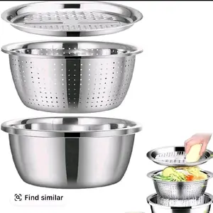 3-In-1 Stainless Steel Multi-Functional Strainer Set, Includes Basin/sieve/cutter, Ideal for Washing Rice Fruits Vegetables Kitchen Essentials