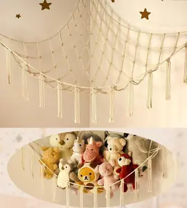 Boho Macrame Toy Hammock Wall Hanging Net Stuffed Animal Organizer Storage for Kids Room Nursery Corner Decor Durable Handwoven Cotton Rope Space Saving Design