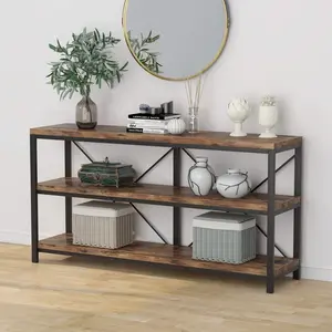 LITTLE TREE 55 Inches Long Sofa Table with Storage Shelves, 3 Tiers Industrial Rustic Console Table with Open Shelves, Three Decorative Shelf, Open TV Shelf for Living Room, Hallway, Book