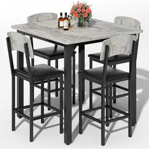 5-Piece Dining Table Set, Dining Table Set for 4, Counter Height Table & 4 Bar Stools, Modern Kitchen Dining Set, with Upholstered Chairs, Compact Dining Set for Small Spaces, Gray