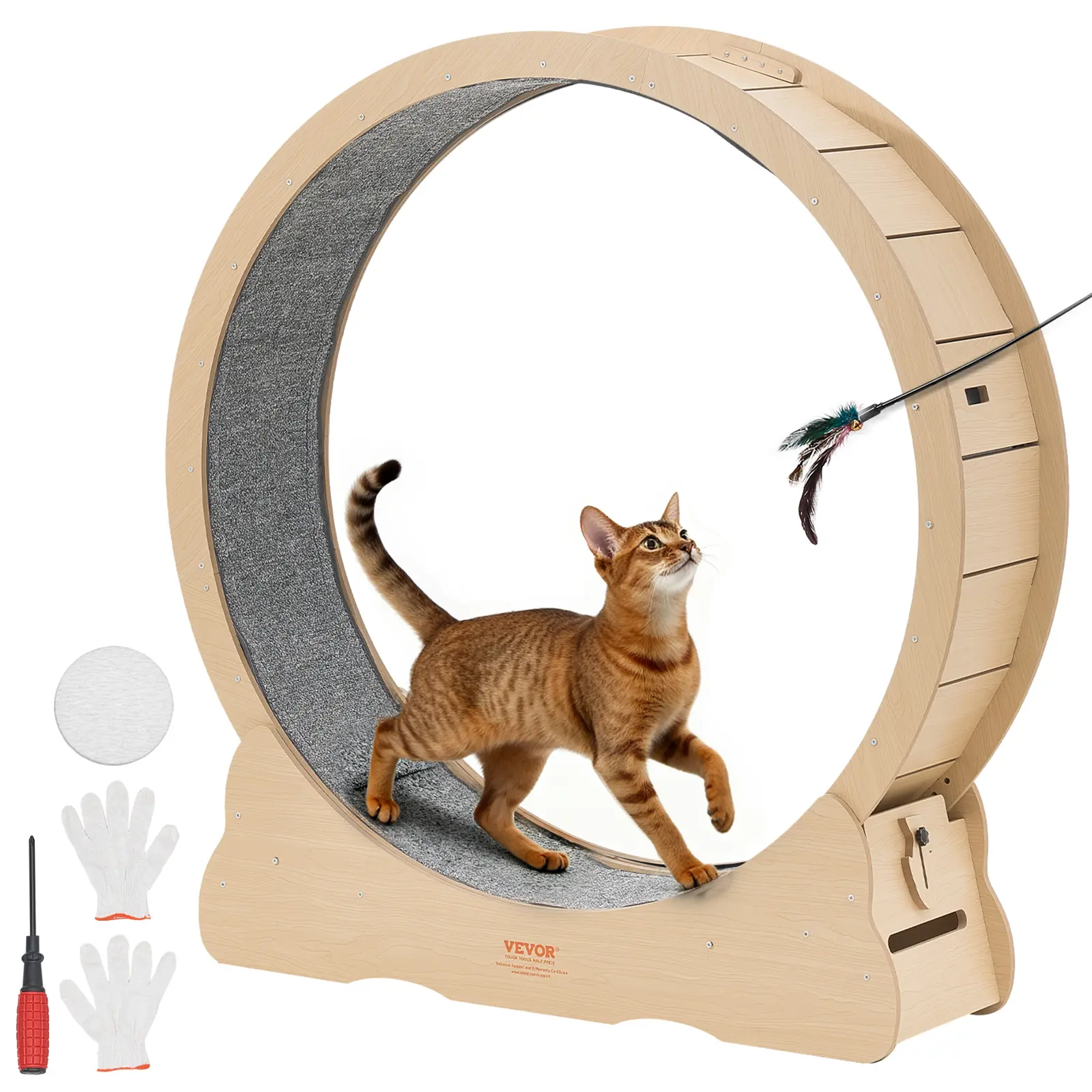 【SummerFinds】VEVOR Cat Exercise Wheel, 48 in Wooden Cat Running Wheel for Indoor Cats up to 28 lbs, Cats Treadmill with Carpeted Runway & Locking Mechanism, Quiet Roller Kitten Sport Toys for Pets Fitness & Health