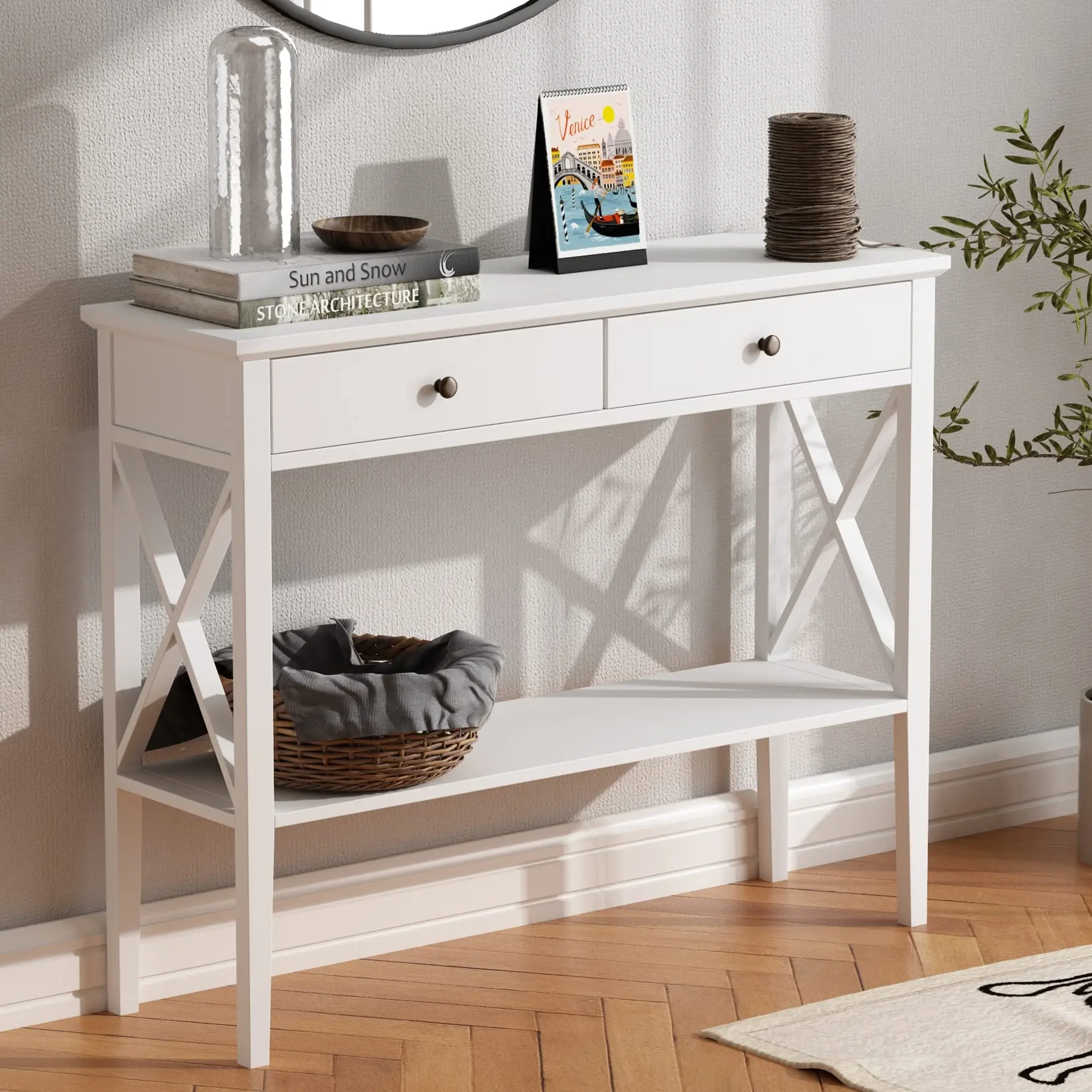 ChooChoo Console Table with Drawers, Narrow Wood Accent Sofa Table Entryway Table with Storage Shelf for Entryway, Front Hall, Hallway, Living Room