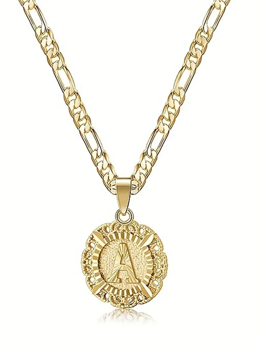 Initial Letter Necklace 20in Stainless Steel Cuban Chain Gold Plated Round Alphabet Pendant Unisex Safe for Sensitive Skin, 20 In, Lightweight Design, Wedding, Cuban Link Chain, Custom Letters Necklace