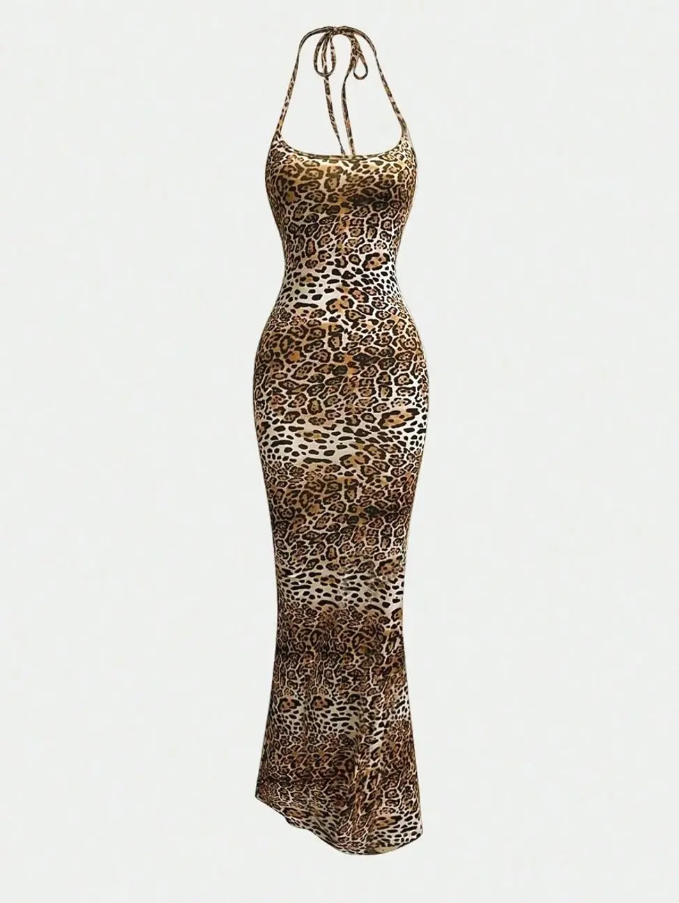 Women's Leopard Print Halter Fishtail Maxi Dress | Fitted Bodycon Mermaid Long Dress | Summer Vacation Date Night Party Club Birthday Resort Going Out Dress for Women
