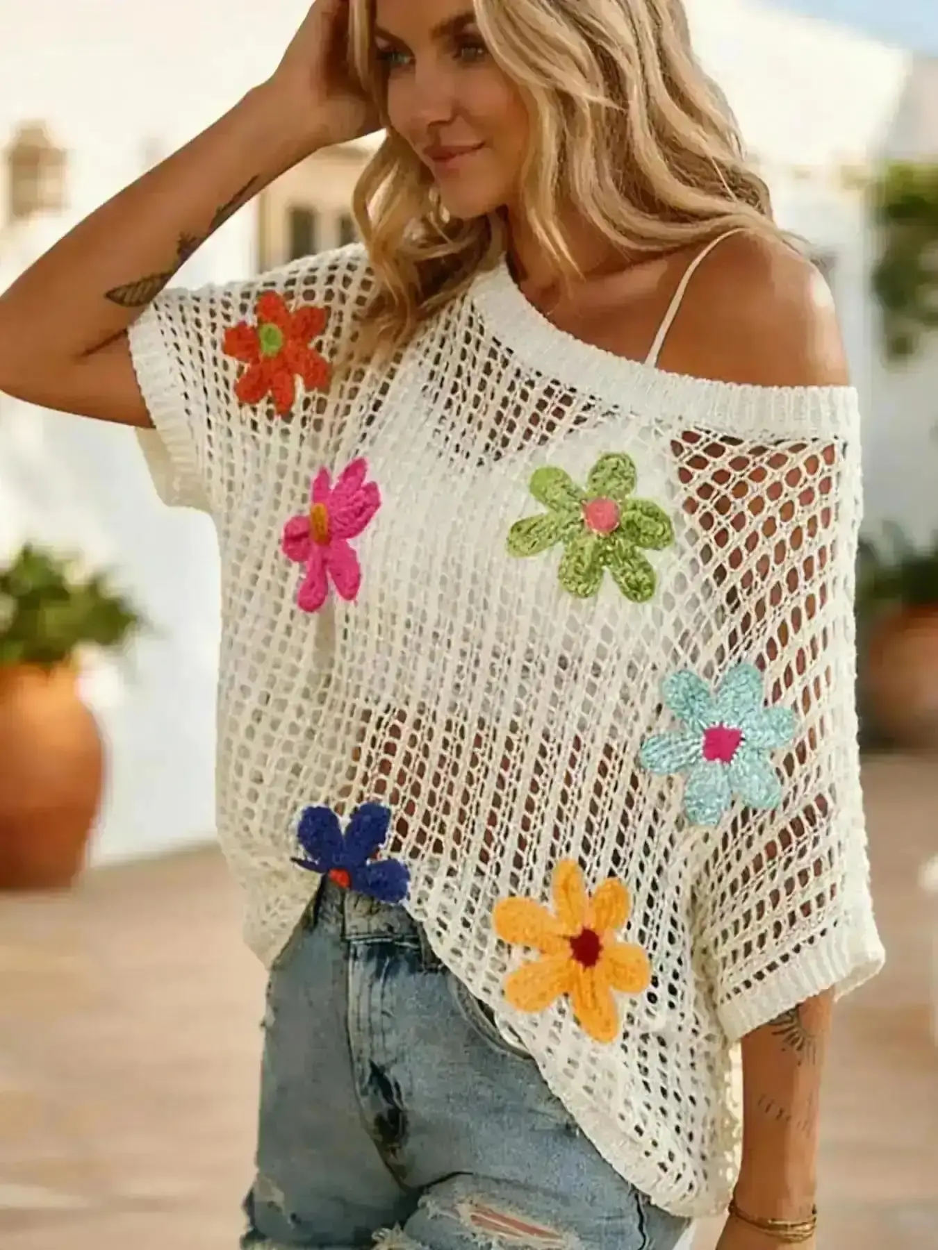 Elegant Women's Summer Crochet Knit Shirt Floral Short Sleeve Pullover Boho Style Loose Fit Beach Cover Up Tunic Tops Trendy Y2K Vacation Outfits, Casual, Classy, Breathable, Ethereal, Contemporary, On The Go