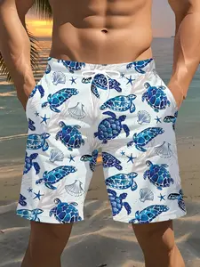 Turtle-printed Hawaiian shorts swimming trunks, Aloha style elastic drawstring beach shorts, Swimwear Shorts