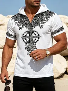 1 Pack Men's Tribal Print Hooded Short Sleeve T-Shirt, Breathable Casual Top with V-Neck, Summer Vacation Essential, Men's Wardrobe Must-Have, Ideal for Home/Outdoor/Travel, Great Father's Day Gift, All-Scenario Daily Wear