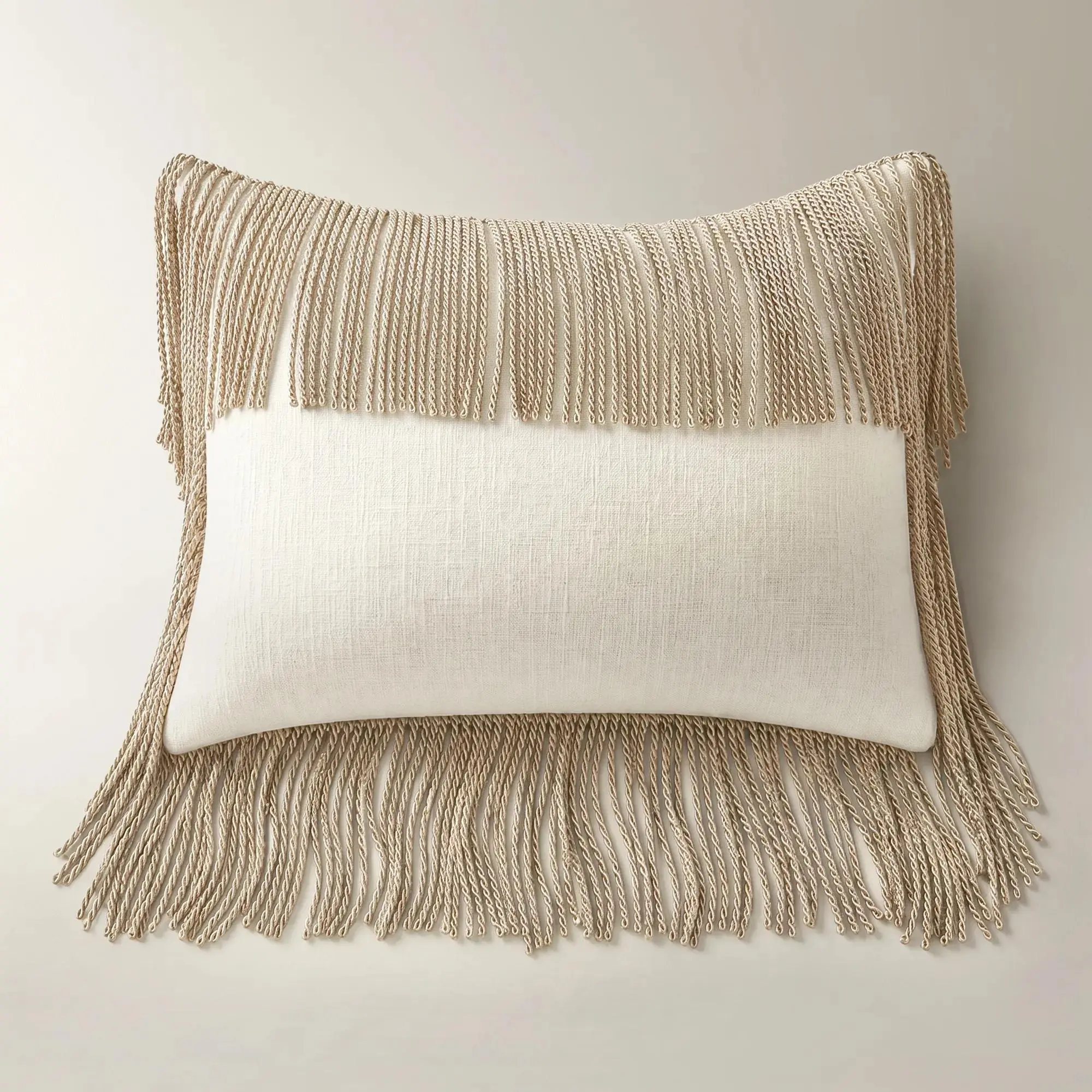Z Gallerie Fia Rope Fringe Lumbar Pillow - 14"x20", Taupe/Ivory Polyester Velvet, Feather Fill, Neutral Tone, Deco Edge, Living Room Decor