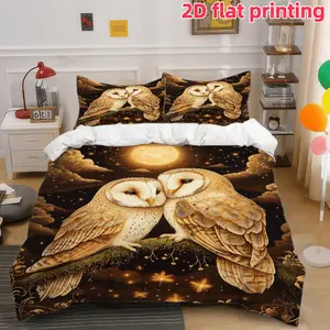 2D Flat 3Pcs Romantic Barn Owls Moonlit Night Bedding -Golden Forest Starry Sky Theme, Soft Comfortable Duvet Cover (1 Cover+2 Pillowcases, No Filler)-Suitable for Bedroom and Dormitory Room Home Decoration.