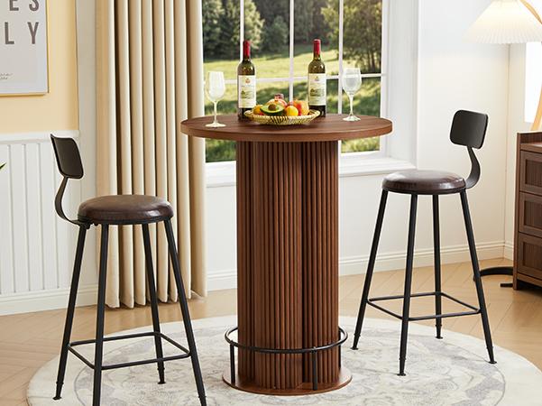 Giratree Bar Table, 39.37" H Round Bistro Table Fluted Pub Table with Base & Metal Ring Footrest Wood Cocktail Desk for Patio, Coffee House, Living Room, Kitchen, Small Space