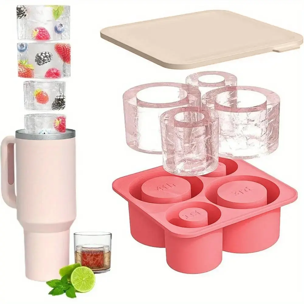 1pc, ice Cube Trays with Lids for Stanley Cup 4-grid Easy Release Reusable Silicone Design Ice Molds for Tumbler Stackable Cylinder Ice Cube Maker, Home Bar Accessories, Kitchen Tool