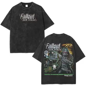 Vintage Fallout 3 New Vegas Green Wash Unisex Game Shirt Gamer Menswear Cotton Streetwear Comics Double Side Washed T shirt Gaming Retro Black Tee Top Graphic Casual Short Sleeve