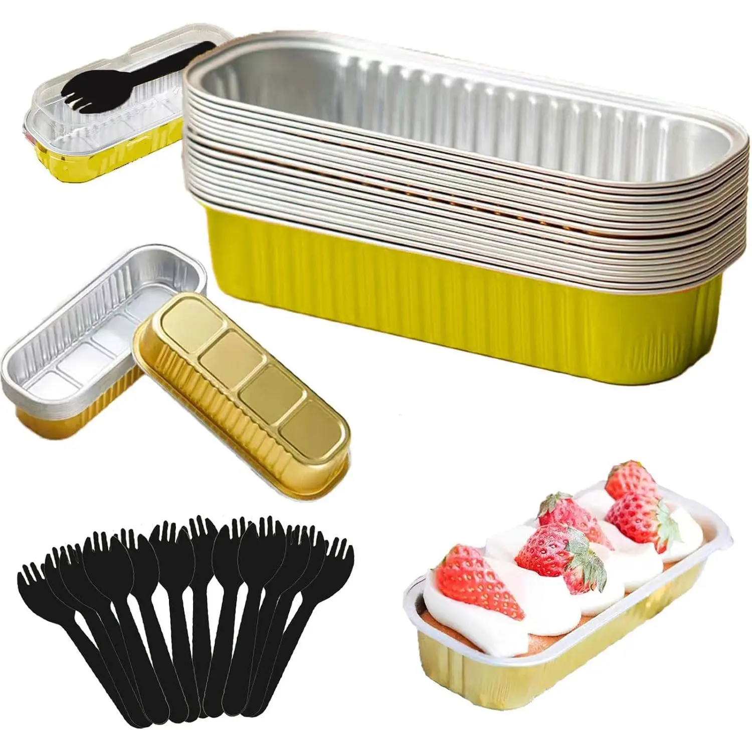 12Pack Mini Loaf Pans with Lids and Spoons, 6.8oz Disposable Rectangle Aluminum Foil Oven Cake Container, Baking Bread Muffin Dessert Tins for Family Gatherings and Picnics (Golden)