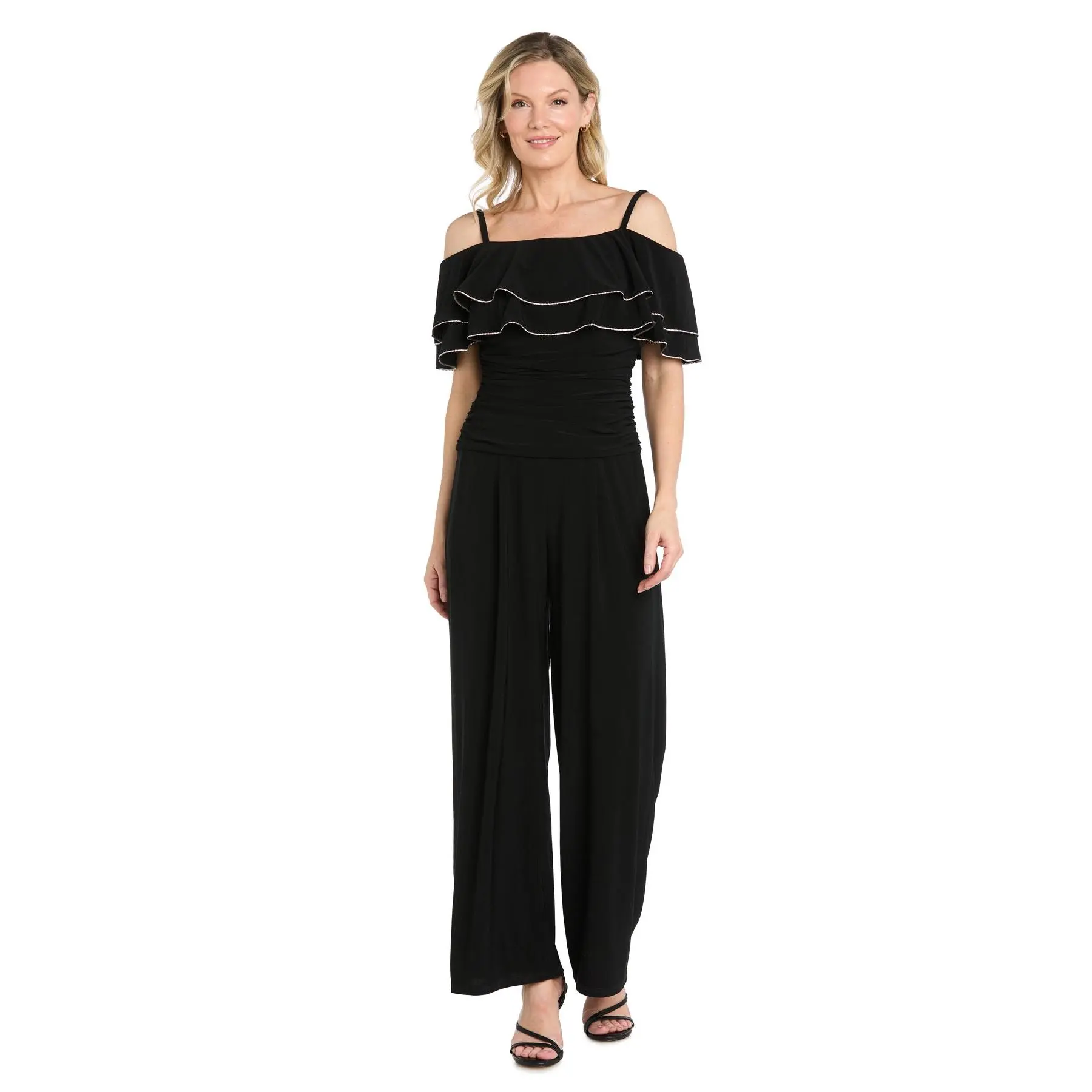 Off-the-Shoulder Sequin Ruffle Wide-Leg Jumpsuit