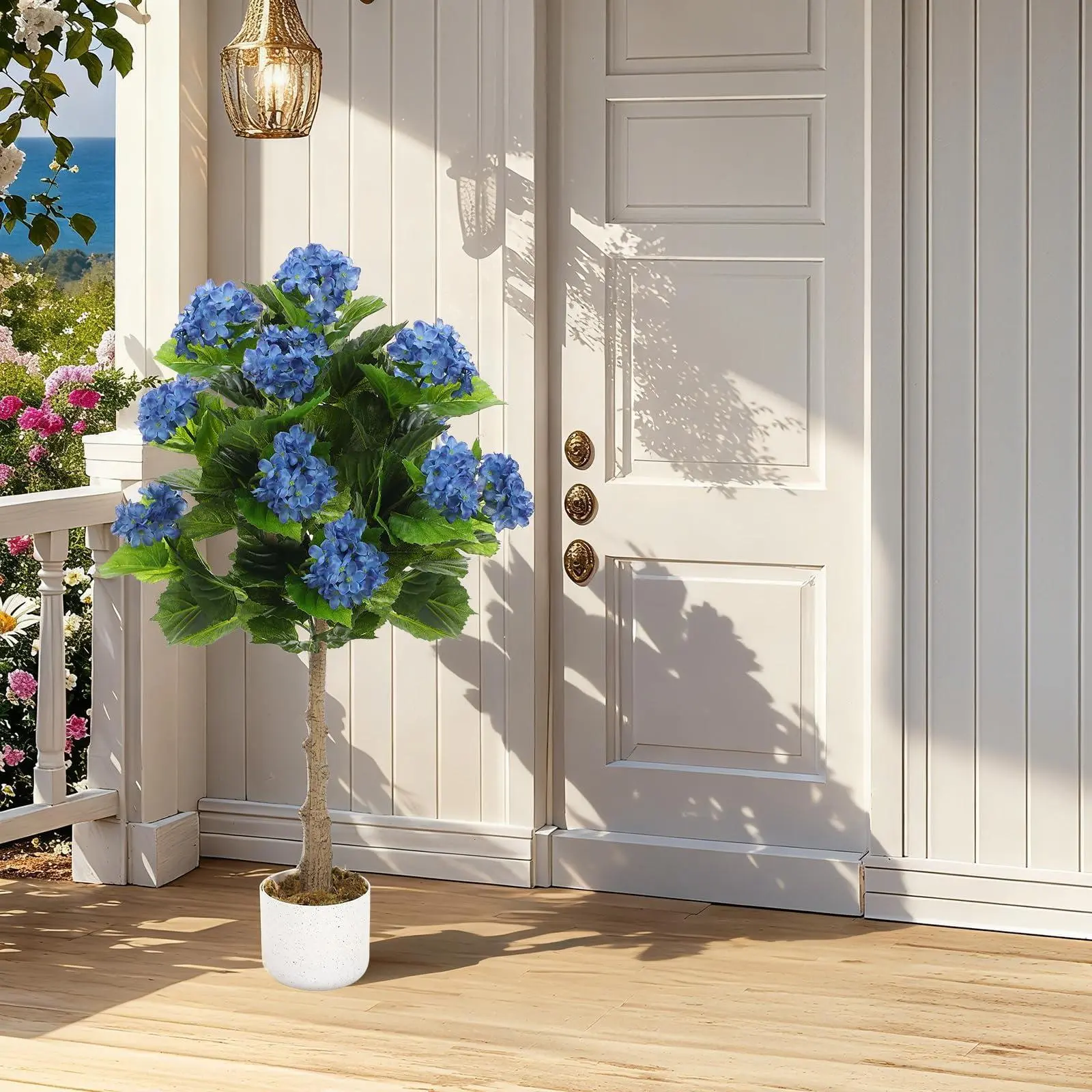 95cm Decorative Artificial Hydrangea Tree, 9 Blue Lifelike Flowers, Black Planter for Living Room, Office Interior Decoration