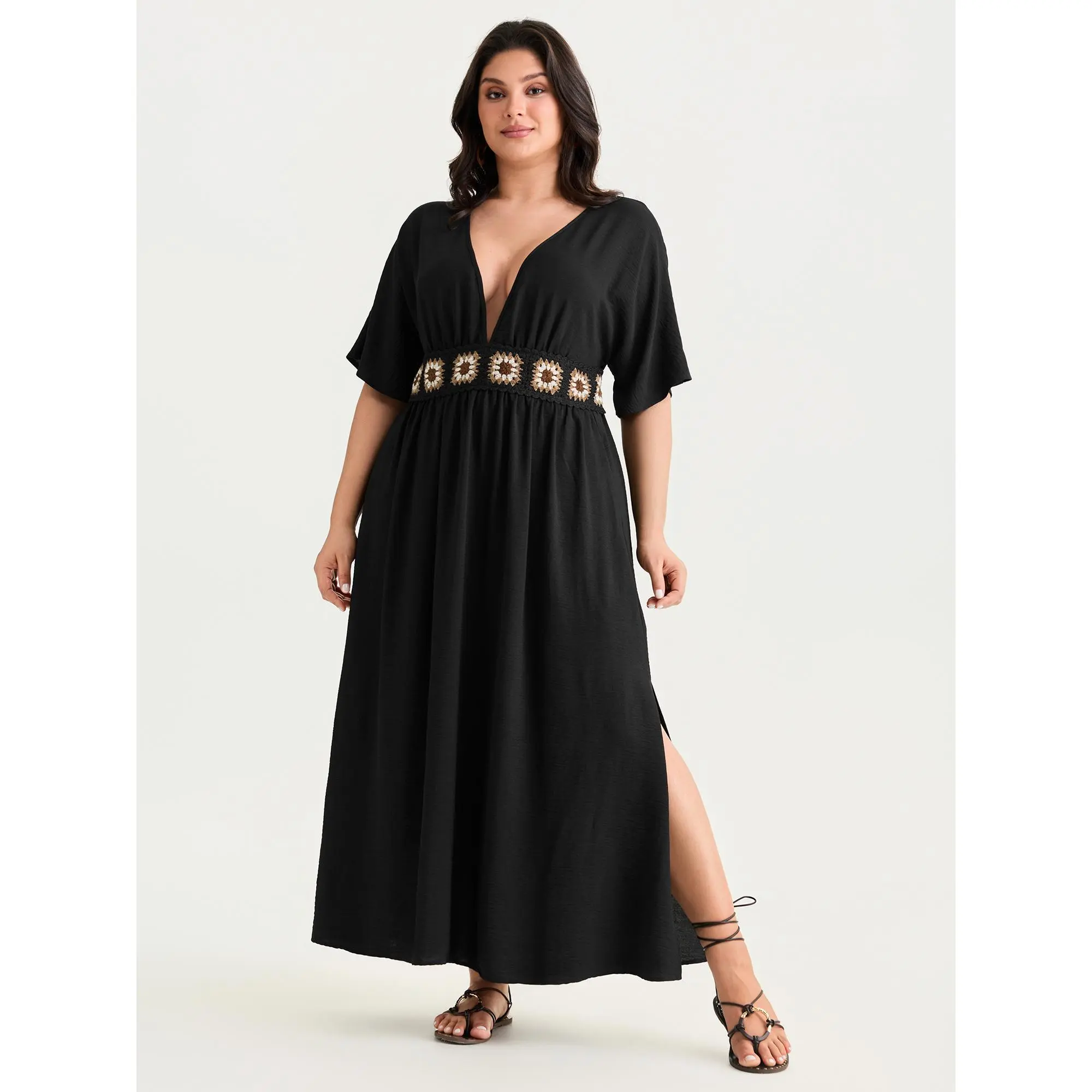 BloomChic Women's Plus Size Casual Boho Maxi Dress with Dolman Sleeves, Smocked Embroidered Waist & Pocket, Style, Shortsleeve, Piece, Casual Wear, Plus Size Clothes