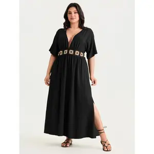 BLOOMCHIC Women's Plus Size Smocked Embroidered Waistband Loose-Fitting Maxi Dress - Polyester, Smooth, Breathable, Shortsleeve, Pocket, Casual Wear, [M-6X] 2026 Summer Swimweek Spotlight Dress