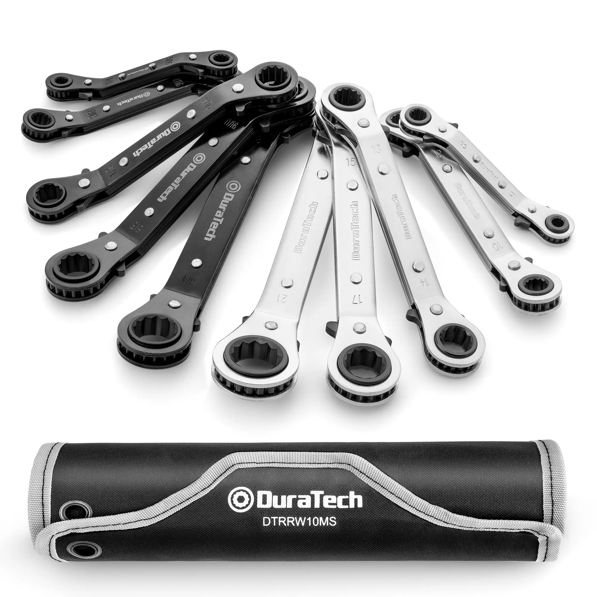 #backtoschool DURATECH 10-Piece Reversible Ratcheting Wrench Set, Offset Double Box End Wrench Set, SAE & Metric, with Rolling Pouch