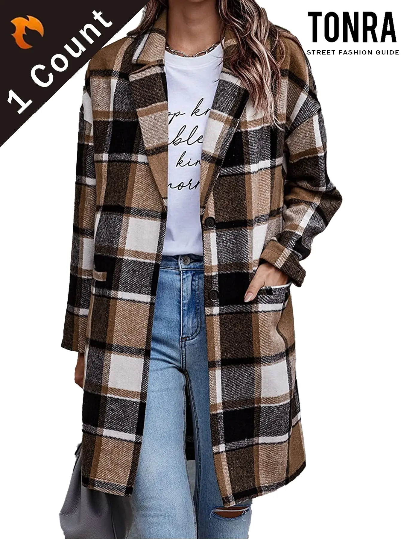 Women's Plaid Woolen Coat with Lapel and Pockets, Spring Summer Casual Outerwear, Loose Fit Side Slit Design, European Style Fashion Jackets