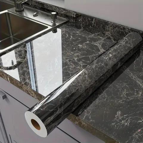 Glossy Marble-Look Self-Adhesive PVC Peel-and-Stick Wallpaper, Heat-Resistant, Oil-Resistant, Easy to Apply & Remove, Countertop Tiles Wallpaper, Pre-Pasted Stick-On Furniture Stickers for Kitchen Counter Decor