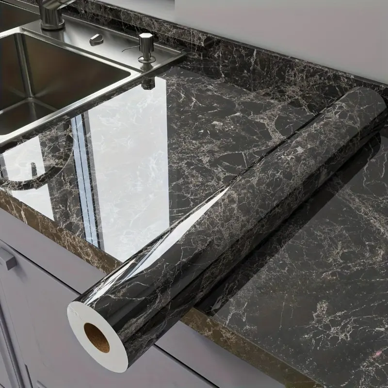 Glossy Marble-Look Self-Adhesive PVC Peel-and-Stick Wallpaper, Heat-Resistant, Oil-Resistant, Easy to Apply & Remove, Countertop Tiles Wallpaper, Pre-Pasted Stick-On Furniture Stickers for Kitchen Counter Decor