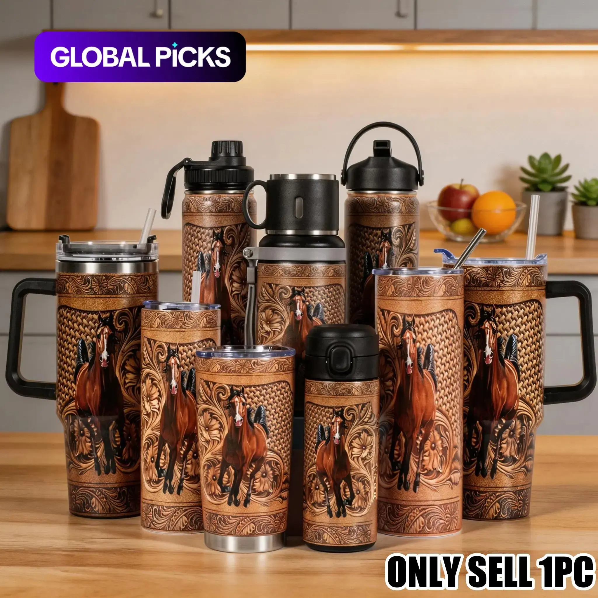 Western Horse Faux Leather Tooled Pattern Stainless Steel Tumbler, 20oz & 40oz Insulated Travel Coffee Cup, Country Cowboy Horse Lover Gift For Men Women