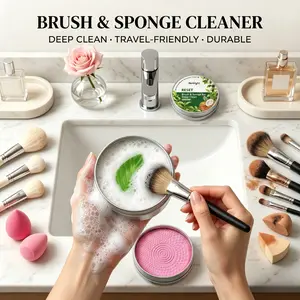 All-in-One Makeup Brush & Sponge Cleaner, Solid Balm with Built-in Silicone Pad, No Extra Tools Needed, Compact Travel Design (Rose & Tea Tree)