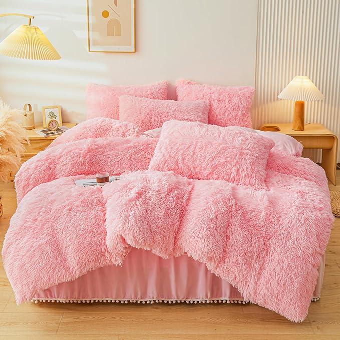 4 Piece Plush Duvet Cover Set (1 Fluffy Faux Duvet Cover+ 1 Heart Pillow + 2 Furry Pillow Shams), Soft & Warm Bedding Set (Pink, Queen (U.S.Standard)