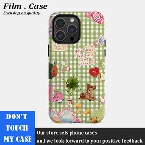 Cute Green Gingham Tough Phone Case Patchwork Caterpillar Ladybug Strawberry Aesthetic Protective Cover Fori Phone Case Compatible With Iphone 15 16 14 17 Pro Max 13 12 11 Drop Protection Rugged And Durable , Gift Funny Stickers Protection